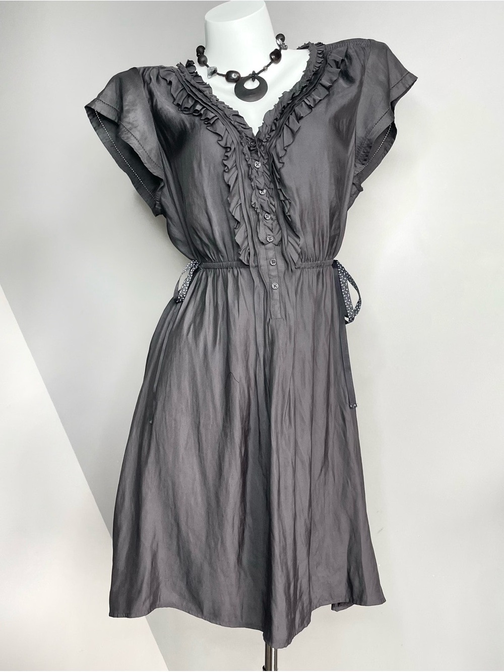 American Eagle Charcoal Gray Ruffle Front Button Summer Dress Size L